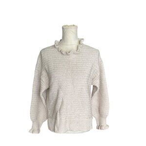 Madewell Ruffled Neck Ribbed Knit Beige Sweater Sz Large Cotton & Merino Wool
